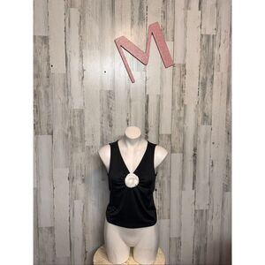 Emerson Lang Black Sleeveless Blouse | Elegant Stretch Top with White Flower Acc